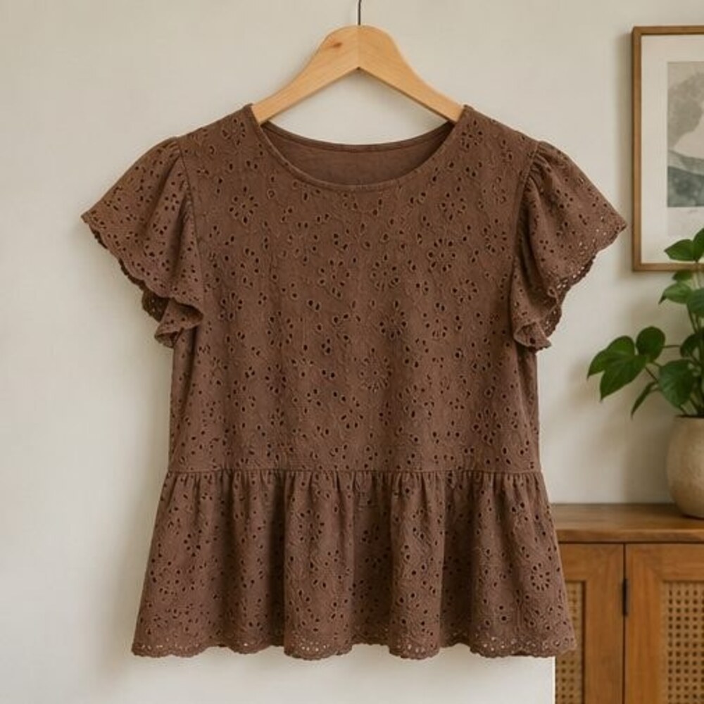 Mocha Eyelet Peplum Blouse